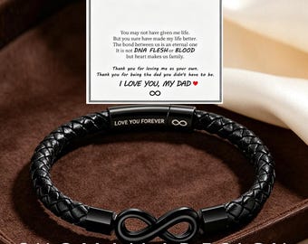 To My Bonus Dad Braided Infinity Leather Bracelet, Personalized Custom Engraved Mens Wristband, 20 Char Max, Fathers Day Gift for Him