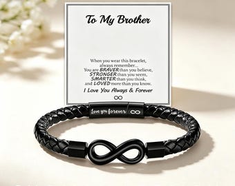Custom Engraved Brother Leather Bracelet - Black Braided Infinity Knot Wristband with Sentimental Card, Meaningful Gift for Brother