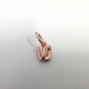 Puede incluir: Colgante con la letra "W" en oro rosa con un pequeño acento de diamante. El colgante es de estilo colgante, con un lazo en la parte superior para sujetarlo a un collar o pulsera. La letra está en una fuente cursiva.
