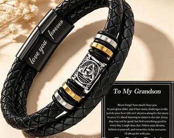 Custom Engraved Celtic Knot Leather Bracelet for Grandson, Personalized "Love You Forever" Double Braided Black Leather Cuff