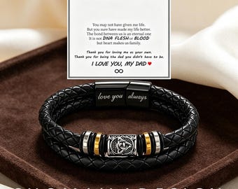 To My Bonus Dad Leather Bracelet, Personalized Custom Engraved Mens Wristband, Vintage Double Wrap, Fathers Day Gift for Him