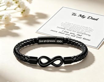 Custom Engraved Dad Leather Bracelet - Black Braided Infinity Knot Wristband with Sentimental Card, Meaningful Father's Day Gift