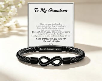 Custom Engraved Grandson Leather Bracelet - Black Braided Infinity Knot Wristband with Sentimental Card, Meaningful Grandson Gift
