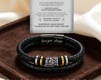 Blank Card Leather Bracelet, Personalized Custom Engraved Mens Wristband, Vintage Double Wrap, All Occasion Gift for Him