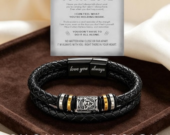 To My Love Leather Bracelet, Personalized Custom Engraved Mens Braided Wristband, Vintage Double Wrap, Valentines Day Gift for Him