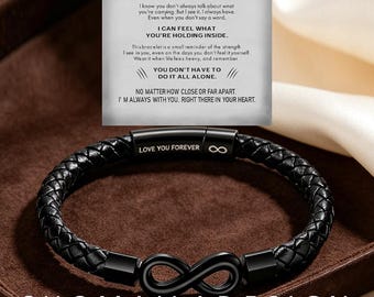 To My Son Braided Infinity Leather Bracelet, Personalized Custom Engraved Mens Wristband, 20 Char Max, Birthday Graduation Gift for Him
