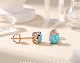 Blue Opal Stud Earrings 6mm Rose Gold Screw Back, Round Opal Earrings, Dainty October Birthstone Gift for Her