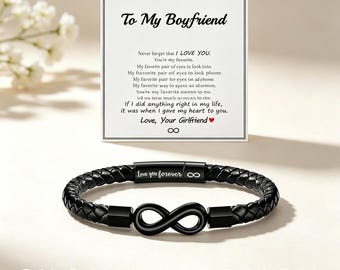 Custom Engraved Boyfriend Leather Bracelet - Black Braided Infinity Knot Wristband with Love Message Card, Meaningful Couple Gift