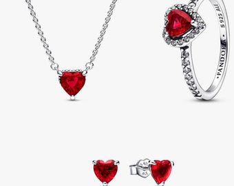 pandora red heart ring, stud earrings and necklace set silver