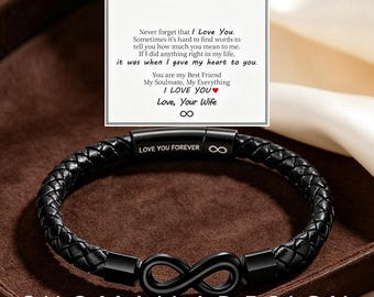 To My Husband Braided Infinity Leather Bracelet, Personalized Custom Engraved Mens Wristband, 20 Char Max