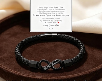 To My Husband Infinity Leather Bracelet, Personalized Custom Engraved Mens Wristband, Magnetic Clasp, Anniversary Valentines Gift for Him