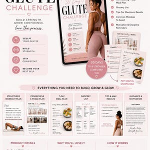 May include: A digital PDF download for a 30-day glute challenge. The pink and white graphic includes workout plans, meal plans, and tips. The A4 size document is 8.27 x 11.69 inches and has 17 pages. The program promises to build strength and confidence.