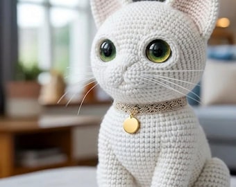 Handmade White Crochet Cat Amigurumi – Lifelike White Plush Stuffed Animal with Collar