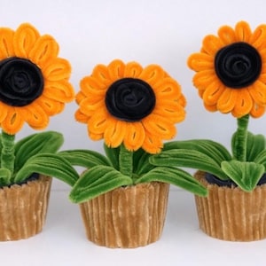 May include: Three decorative sunflowers in brown cupcake-shaped pots. The sunflowers have orange petals and black centres. Green leaves and stems support the flowers. The pots have a textured, ribbed design.