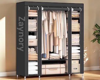 Portable Wardrobe Closet 69 Inch, Clothes Organizer with Non-Woven Cover, Bedroom Storage Rack with Hanging Rail for Garment Clothes