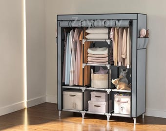 Portable Closet Wardrobe Organizer, Large Clothes Storage with 6 Shelves  2 Hanging Sections 4 Side Pockets Fabric Closet Rack