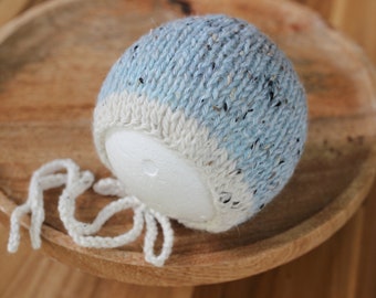 newborn bonnet hat, newborn photography prop, tweed cream baby blue knitted baby boy girl bonnet hat with knit ties