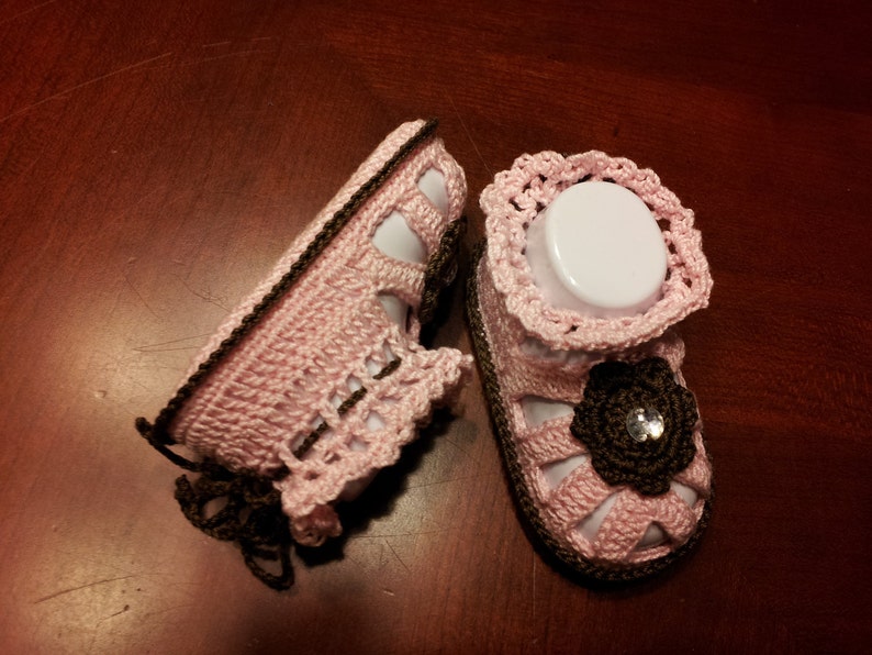 Pink and brown Baby Girl cotton sandals, socks, booties, crib shoes 3-6 months baby shower gift image 1