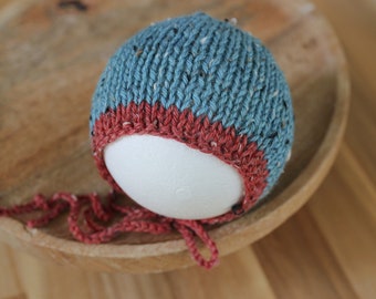 newborn bonnet hat, newborn photography prop, tweed red teal knitted baby boy girl bonnet hat with knit ties