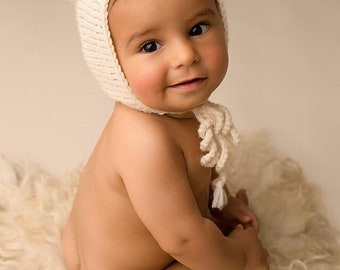 newborn photography prop, cream baby bear bonnet, sitter luxury bear bonnet hat with braided ties, baby shower gift, 6-12 months