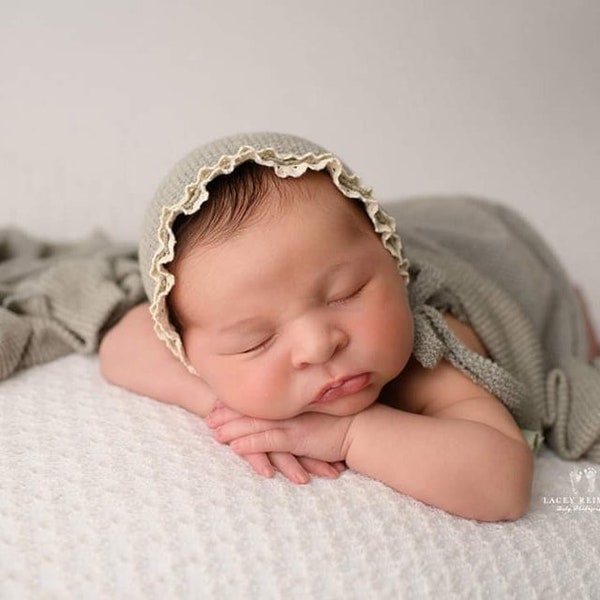 ready to ship, newborn photography prop, baby shower gift, dusty sage bonnet sleep cap wrap, vintage-inspired