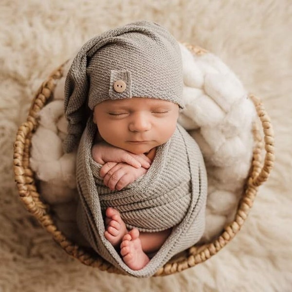 ready to ship, newborn photography prop, baby shower gift, dusty sage bonnet sleep cap wrap, vintage-inspired