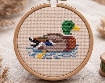 Patrón de punto de cruz en PDF de pato ánade real, diseño de bordado de pato, patrón de ave silvestre, decoración rústica de la naturaleza, ideal para principiantes.