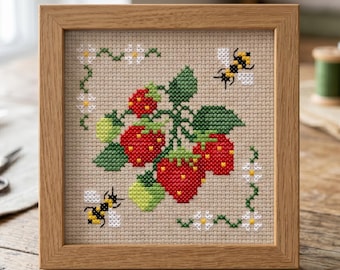 Patrón de punto de cruz de fresas y abejas en PDF, bordado botánico estilo cottagecore, bordado de frutas de verano, linda decoración de jardín, diseño floral natural