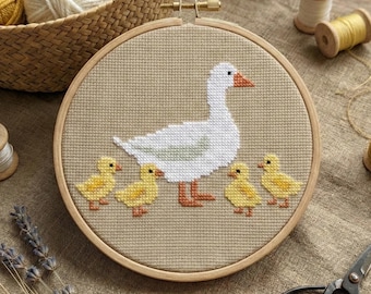 Patrón de punto de cruz de Mamá Oca con Patitos (PDF), diseño de bordado de familia de gansos, punto de cruz de animales de granja, patrón de decoración infantil