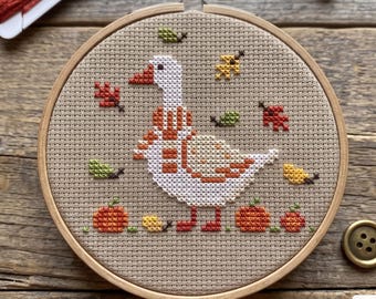 Harvest Goose Cross Stitch Pattern PDF, Fall Autumn Bird Embroidery, Thanksgiving Decor, Cute Animal Needlepoint, Rustic Farmhouse Design