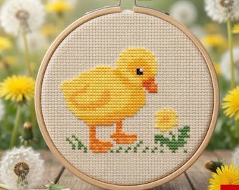 Patrón de punto de cruz de patito pequeño en PDF, diseño de bordado de patito bebé adorable, decoración de guardería con animales de granja, gráfico de punto de cruz de animales sencillo