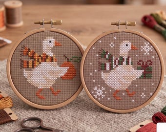 Set of 2 Goose Cross Stitch Patterns PDF, Pumpkin and Christmas Bird Embroidery, Fall and Winter Needlepoint, Rustic Seasonal Decor