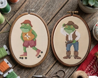 Conjunto de 2 patrones de punto de cruz de ranas divertidas en PDF, bordado de rana vaquera y rana patinadora, punto de animales retro, diseño western peculiar