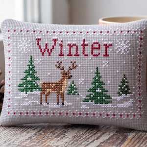 Winter Cross Stitch Pattern PDF, Deer in Snow Forest Embroidery, Nordic Christmas Stitch, Cozy Holiday Decor, Rustic Winter Pillow Design