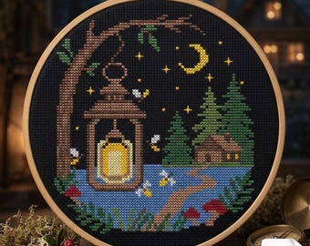 Moonlit Forest Cross Stitch Pattern PDF, Night Forest Embroidery Design, Lantern Scene, Woodland Landscape, Cozy Cabin Decor
