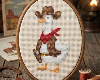 Patrón de punto de cruz de ganso vaquero en PDF, diseño de bordado de ganso occidental, divertido gráfico de punto de cruz de animales de granja, decoración rústica campestre.