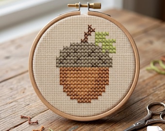 Patrón de punto de cruz de bellota en PDF, bordado minimalista de otoño, decoración otoñal del bosque, puntada sencilla de la naturaleza, diseño fácil para principiantes.