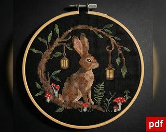 Forest Bonny Cross Stitch Pattern PDF, Woodland Bunny Embroidery, Cozy Forest Decor, Nature Animal Cross Stitch