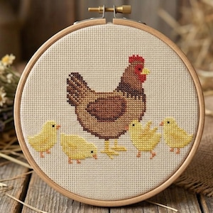 Hen and Chicks Cross Stitch Pattern PDF, Farmhouse Chicken Embroidery Design, Rustic Country Decor Chart, Cute Farm Animal Hoop Art