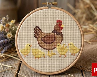 Hen and Chicks Cross Stitch Pattern PDF, Farmhouse Chicken Embroidery Design, Rustic Country Decor Chart, Cute Farm Animal Hoop Art