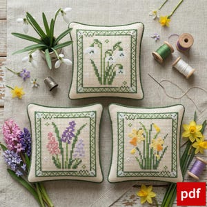 Lentebloemen kruissteekpatroonbundel pdf, sneeuwklokjes narcissen hyacinten, bloemen samplerset, botanische cottagecore-borduurkaarten
