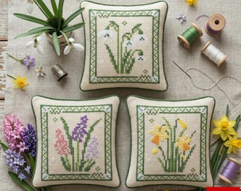 Paquete de patrones de punto de cruz de flores de primavera en PDF, campanillas de invierno, narcisos y jacintos, muestrario floral, gráficos de bordado botánico estilo cottagecore.