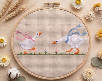 Patrón de punto de cruz en PDF de pareja de gansos adorables, bordado de gansos tiernos, punto de animales romántico, diseño de aves primaverales, regalo de boda o aniversario.