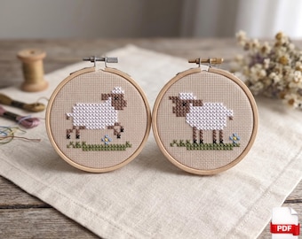 Conjunto de 2 patrones de punto de cruz de ovejas adorables en PDF, bordado minimalista de cordero, punto de animales de granja, decoración pequeña para guardería, diseño de oveja saltando fácil
