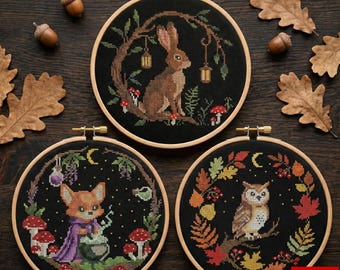 Set Forest Animals Cross Stitch Pattern Bundle PDF, Forest Bunny, Witchy Fox, Harvest Moon Owl, Autumn Woodland Embroidery Set
