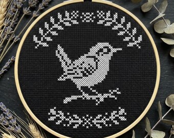 Patrón de punto de cruz de pájaro del bosque (PDF), pájaro de arte popular escandinavo, diseño de bordado rústico minimalista, gráfico de decoración de granja