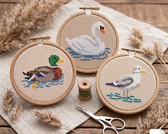 Conjunto de 3 patrones de punto de cruz de aves en PDF, bordado de gaviota, cisne y pato silvestre, paquete minimalista de punto de cruz de animales, diseño de aves acuáticas