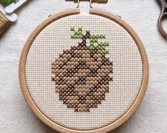Patrón de punto de cruz de piña en PDF, bordado de piña de conífera, decoración minimalista de bosque, punto de naturaleza otoñal, diseño de bosque fácil