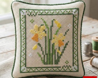 Spring Daffodils Cross Stitch Pattern PDF, Yellow Narcissus Floral Sampler, Spring Flower Embroidery Chart, Botanical Cottagecore Decor
