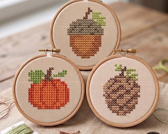 Conjunto de 3 patrones de punto de cruz de otoño en PDF, bordado de calabaza, bellota y piña, paquete de naturaleza otoñal, decoración minimalista de bosque, Día de Acción de Gracias